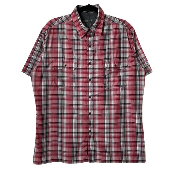 Kuhl Shirt Mens Large Red Gray Eluxur Plaid Buttoned Short Sleeve Outdoor Hiking - Picture 1 of 14